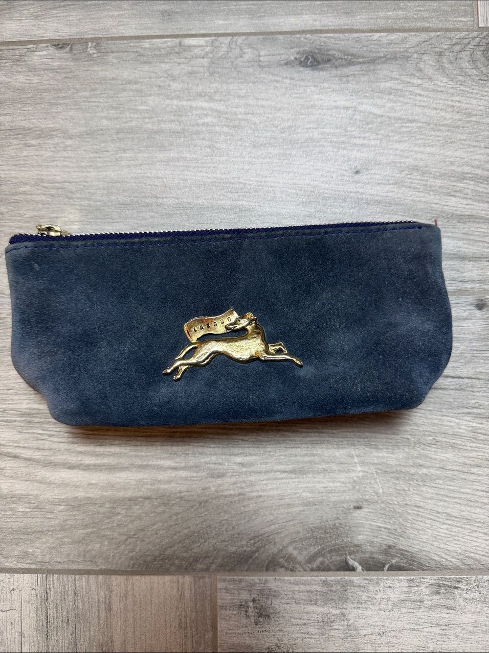 Navy Lazaro Suede Zip Pouch with Gold Hare Emblem